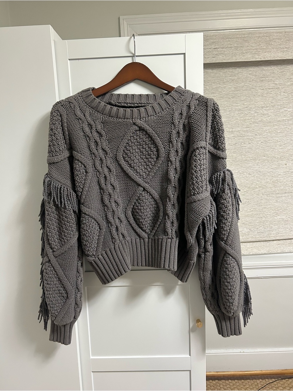 Line & Dot Gray Cable-Knit Fringe Crewneck Sweater